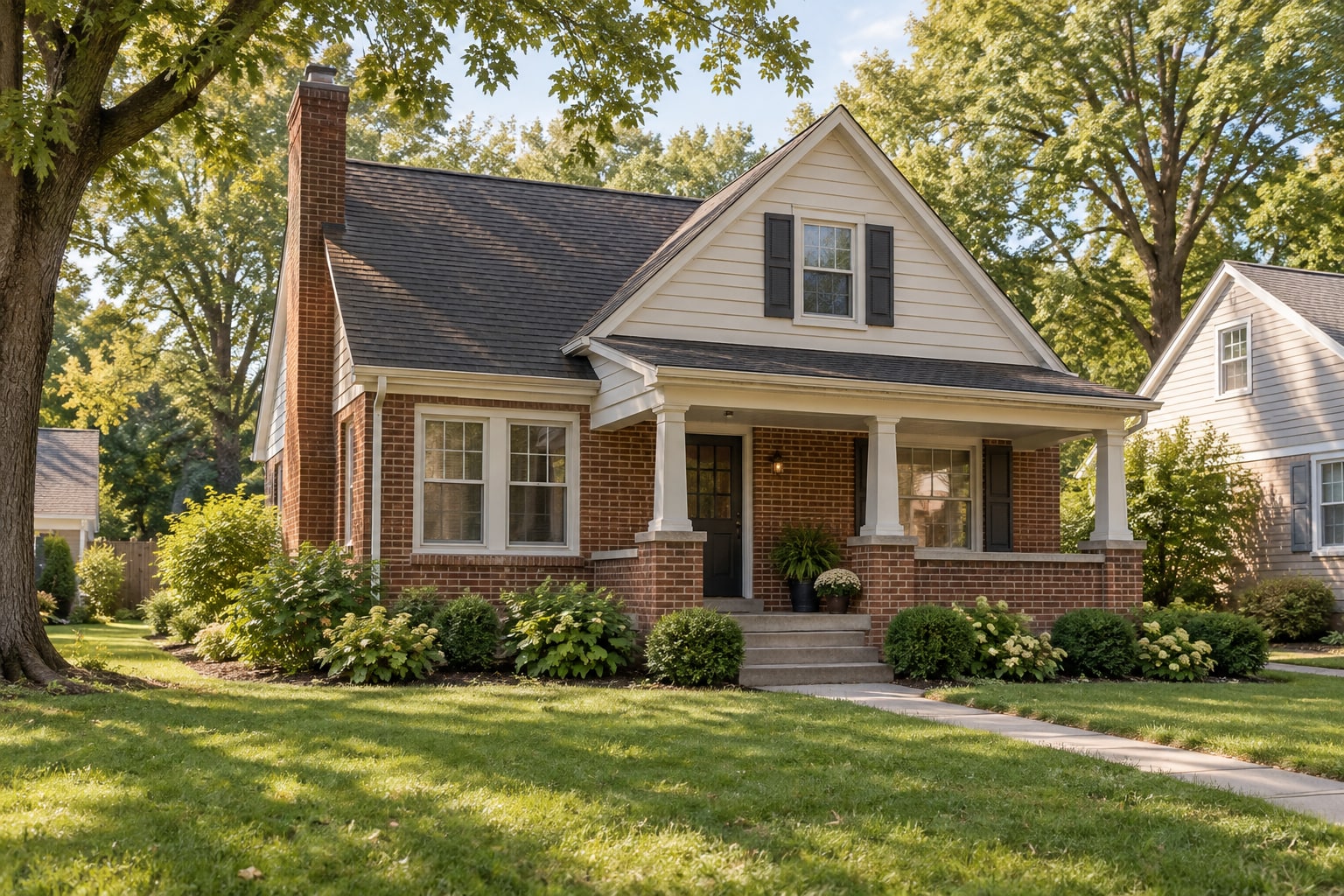 Illustrative Indiana-style brick and siding home with mature deciduous trees